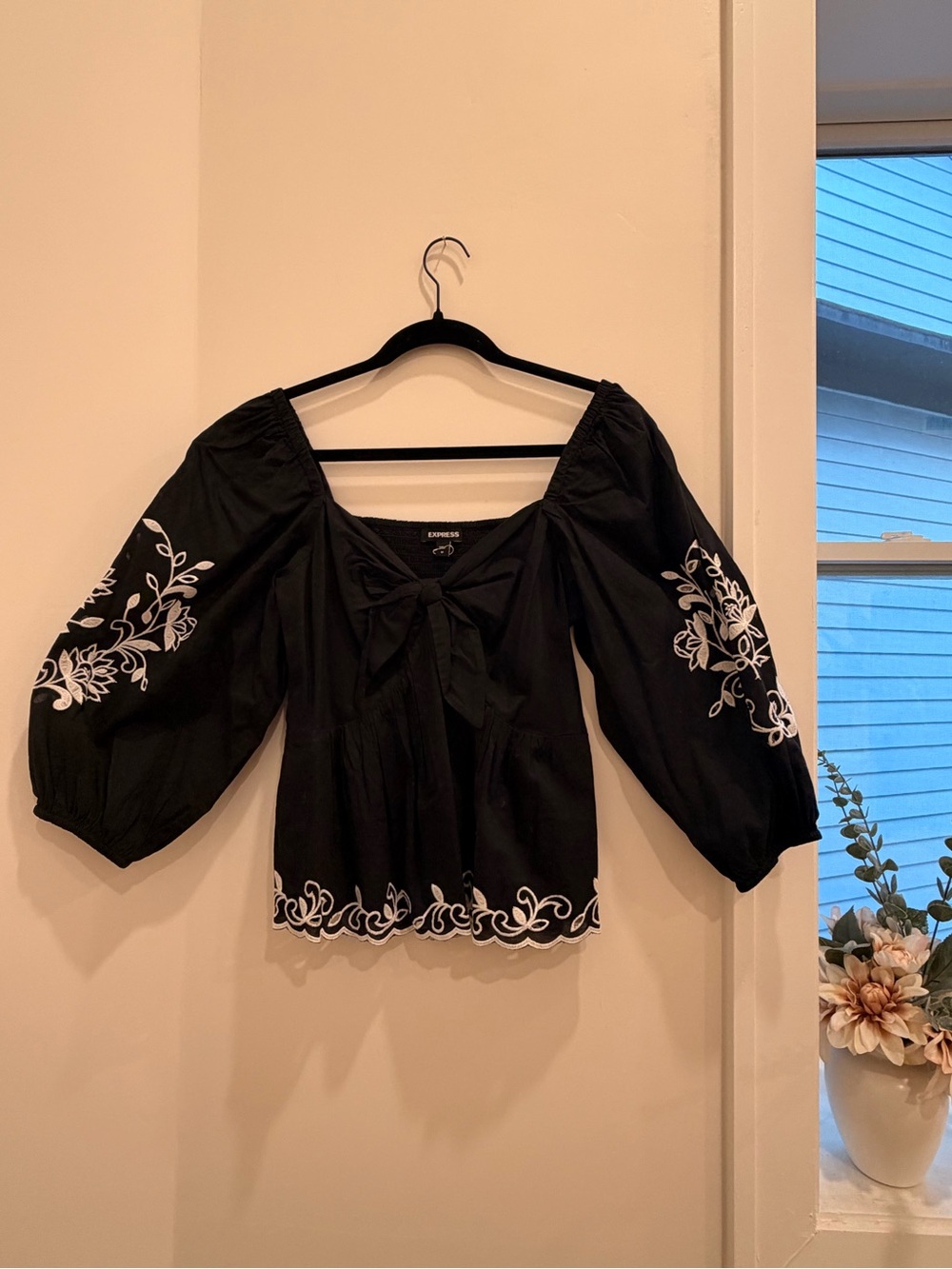 Express Black Peasant Top with White Floral Embroidery